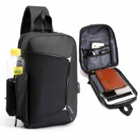 Mochila Transversal À Prova d’Água com Bolso para Celular, Entrada USB e Diversos Compartimentos